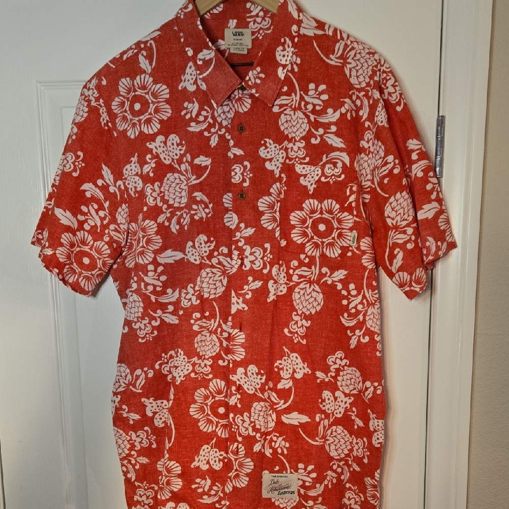 Vans Men's Red and White Hawaiian Floral Shirt‎